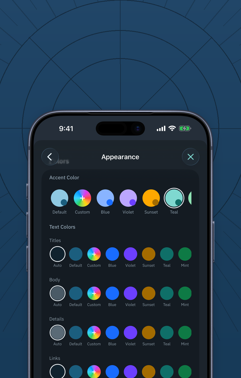 Pelorus on iPhone: the Colors settings with the accent color swatches and the text color rows for Titles, Body, Details, and Links.