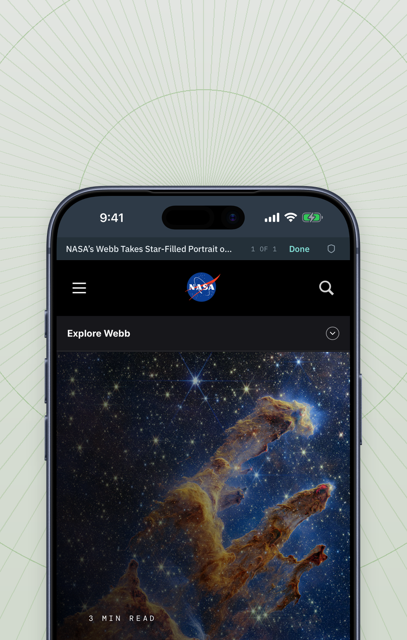 Pelorus on iPhone in full-screen browsing: NASA's Pillars of Creation article fills the screen, with the page title, 1 of 1, and Done in the slim bar above it.
