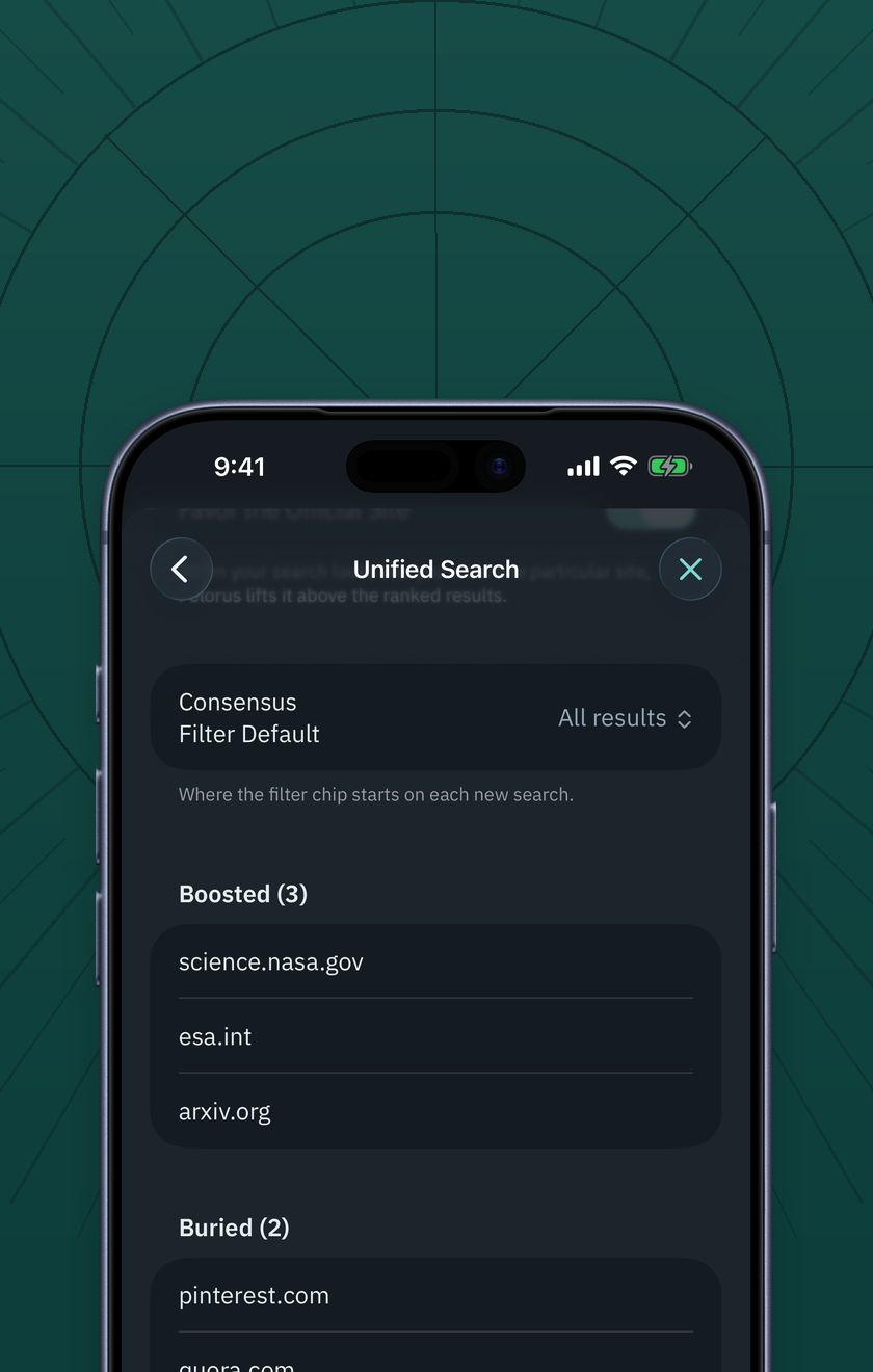 Pelorus on iPhone: the Unified Search settings with three boosted sites, two buried sites, one blocked site, and the Engine Weights row.