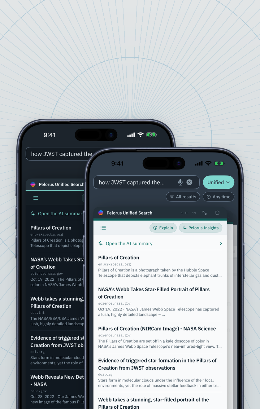 Two iPhones showing the same Unified Search, the dark theme behind and the light theme in front.