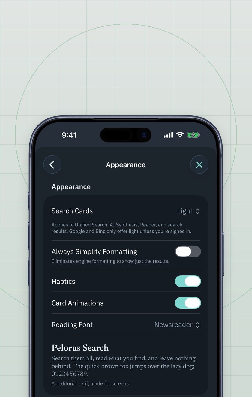 Pelorus on iPhone: Appearance settings with the Reading Font row set to Newsreader and a live preview of the typeface beneath it.