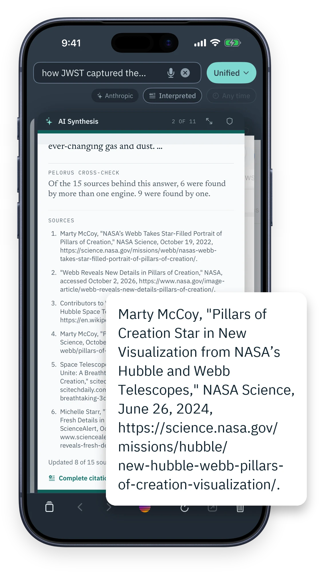 Pelorus on iPhone at full size: the AI Synthesis card's sources as completed Chicago citations, one lifted out and enlarged.