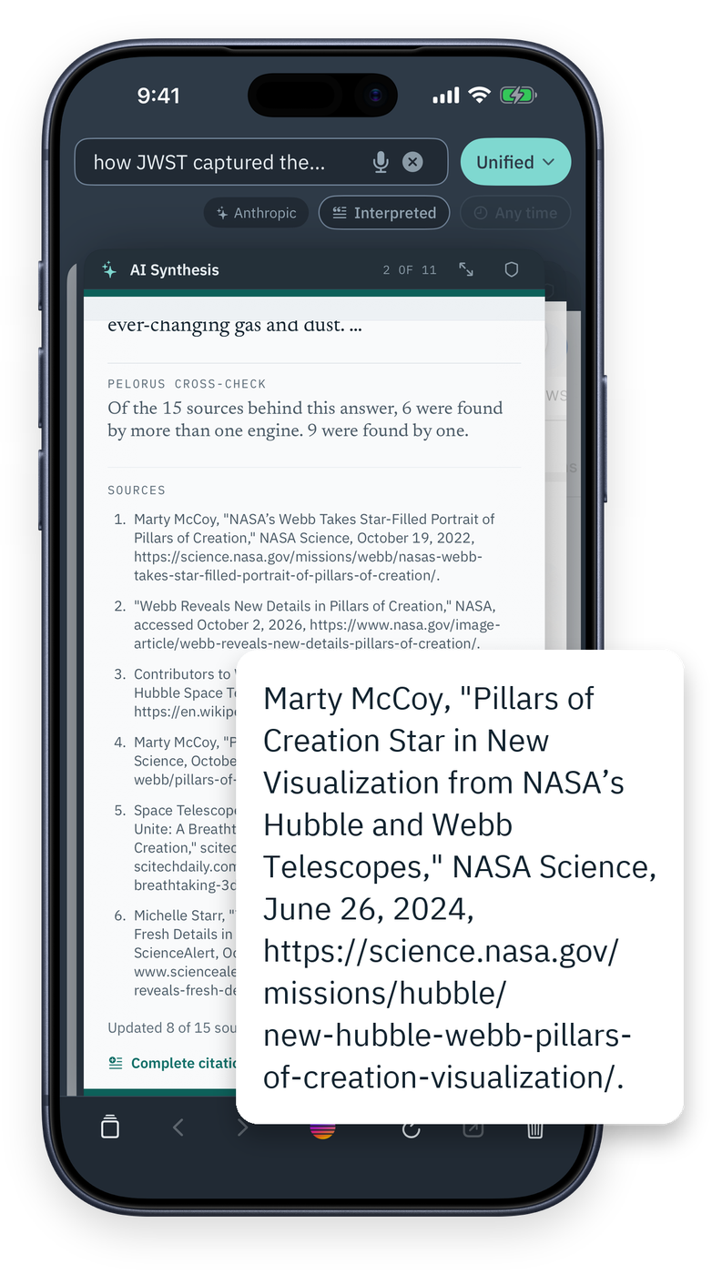 The AI Synthesis card on an iPhone, with the Pelorus Cross-Check note and six numbered sources written out as citations