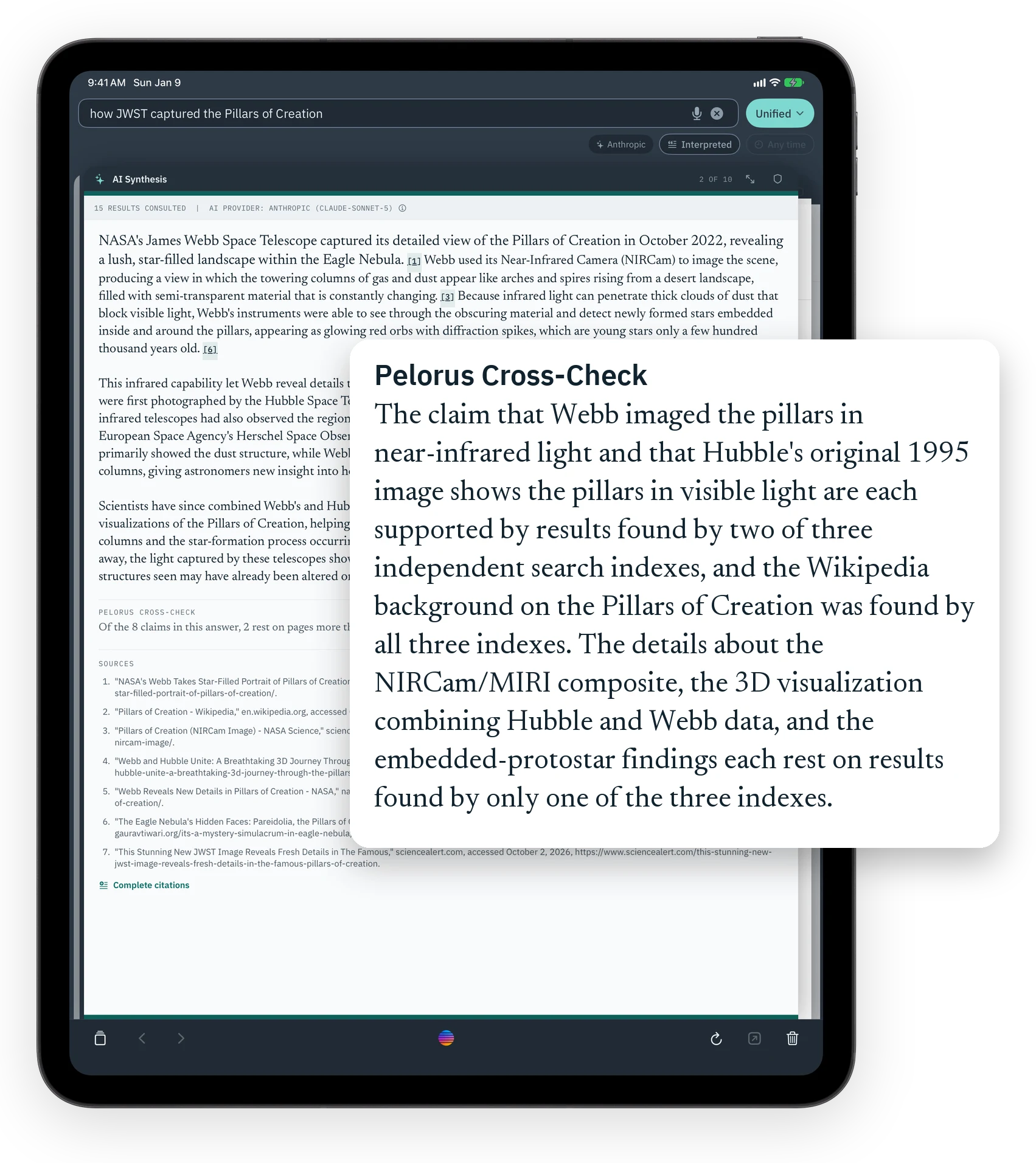 Pelorus on iPad at full size: the AI Synthesis card with its Pelorus Cross-Check note lifted out and enlarged.