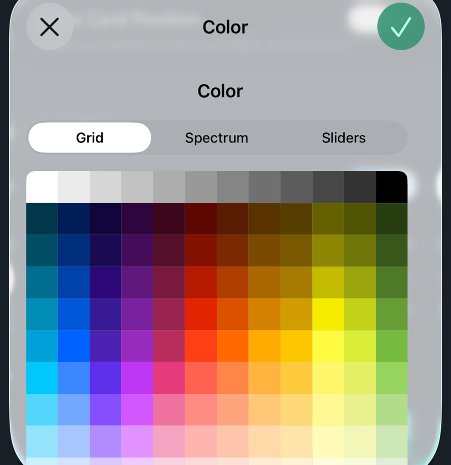 The color picker sheet over the Appearance settings, showing the grid of color swatches