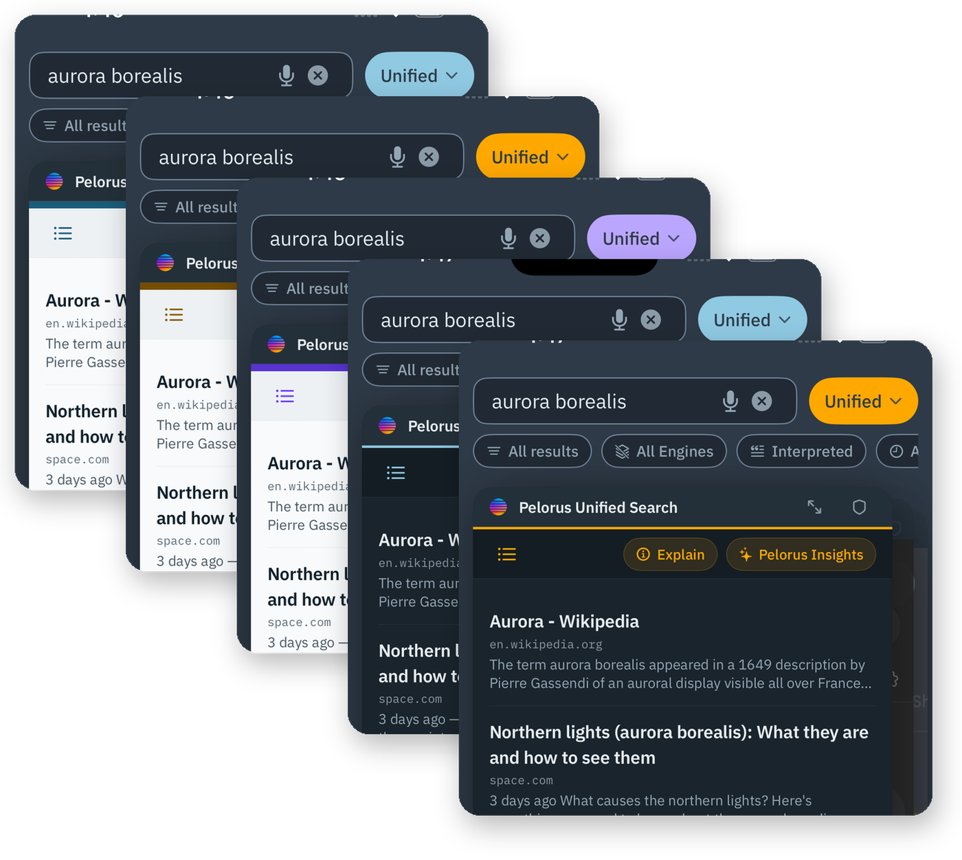 Five captures of the Pelorus search screen fanned out: the default accent, Sunset, Violet, dark search cards with the default accent, and dark search cards with Sunset