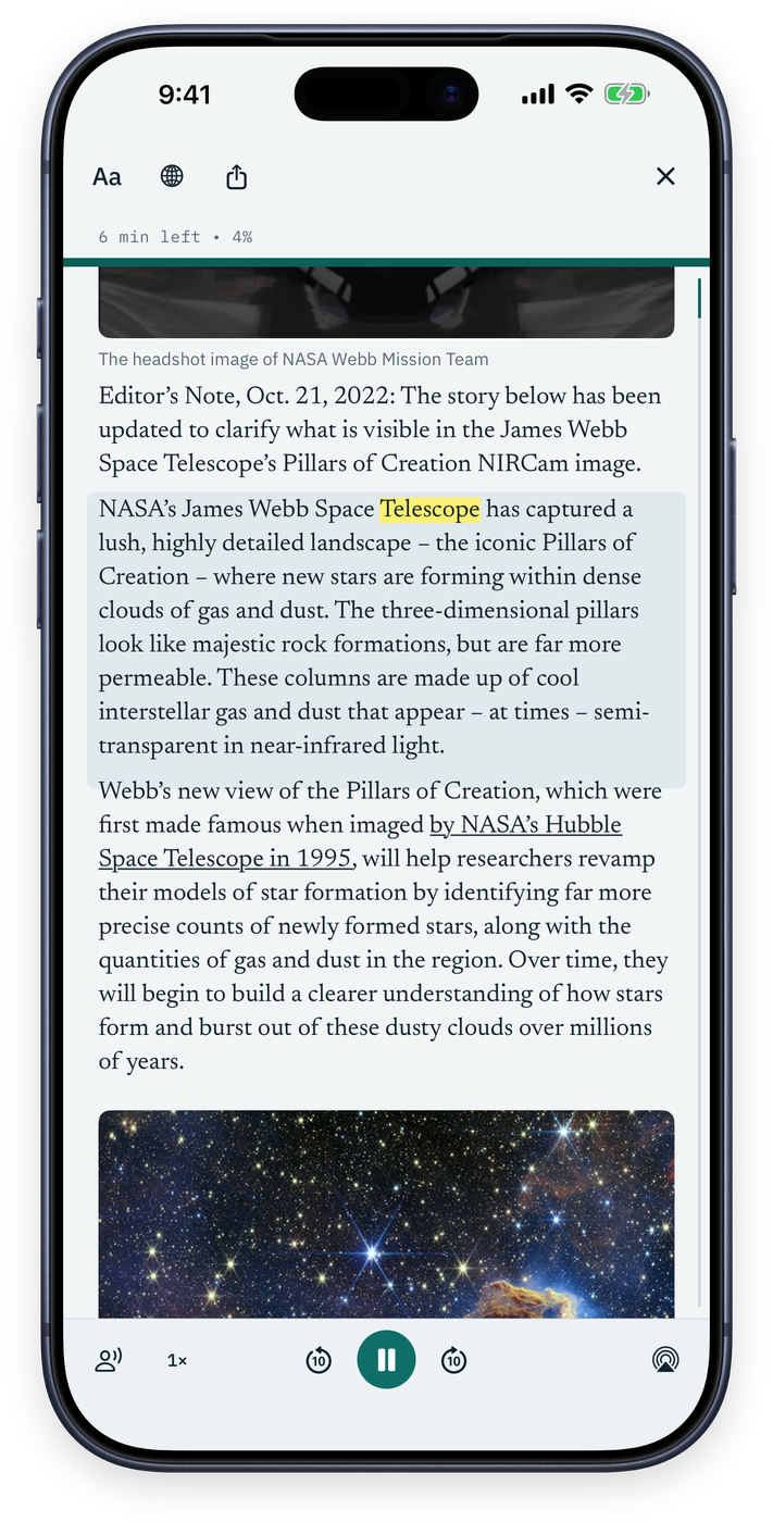 Reader in Pelorus showing an article about the Pillars of Creation set in a serif face, with the reading controls at the top