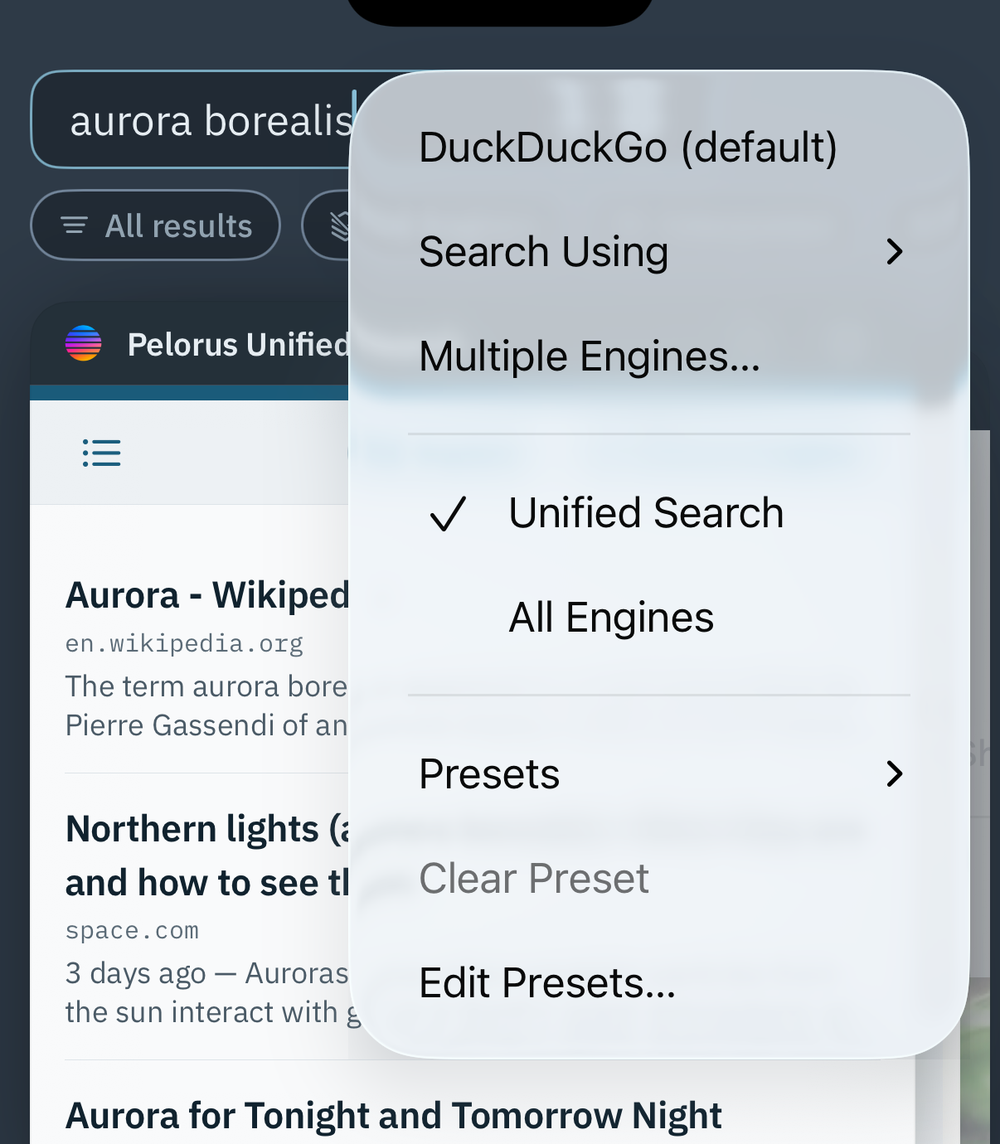 The search button's menu open over a Unified Search, listing the default engine, Search Using, Multiple Engines, Unified Search, All Engines, and Presets