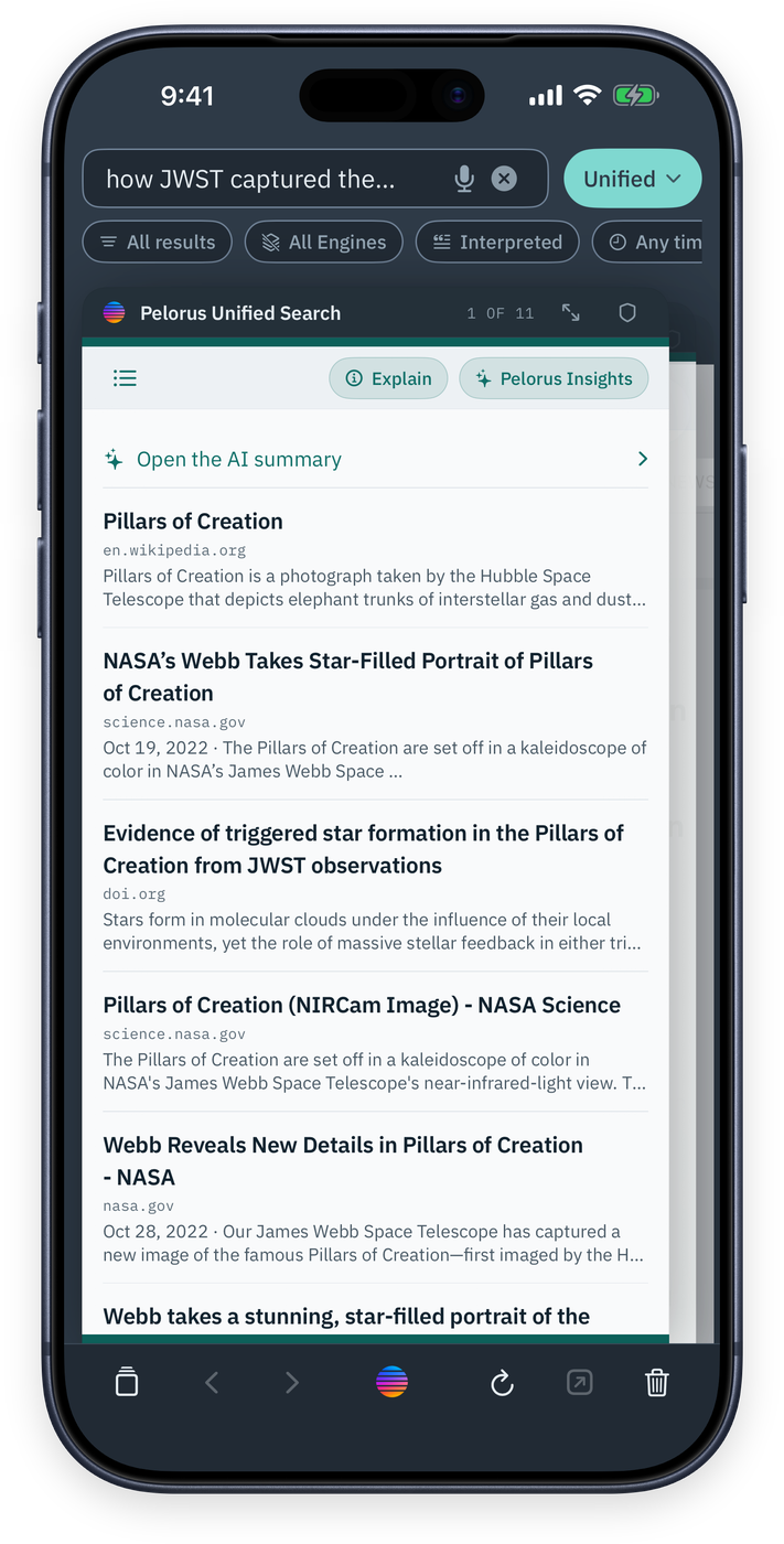 The Pelorus Unified Search card showing a ranked list of results about the Pillars of Creation, with Explain and Pelorus Insights buttons above the list