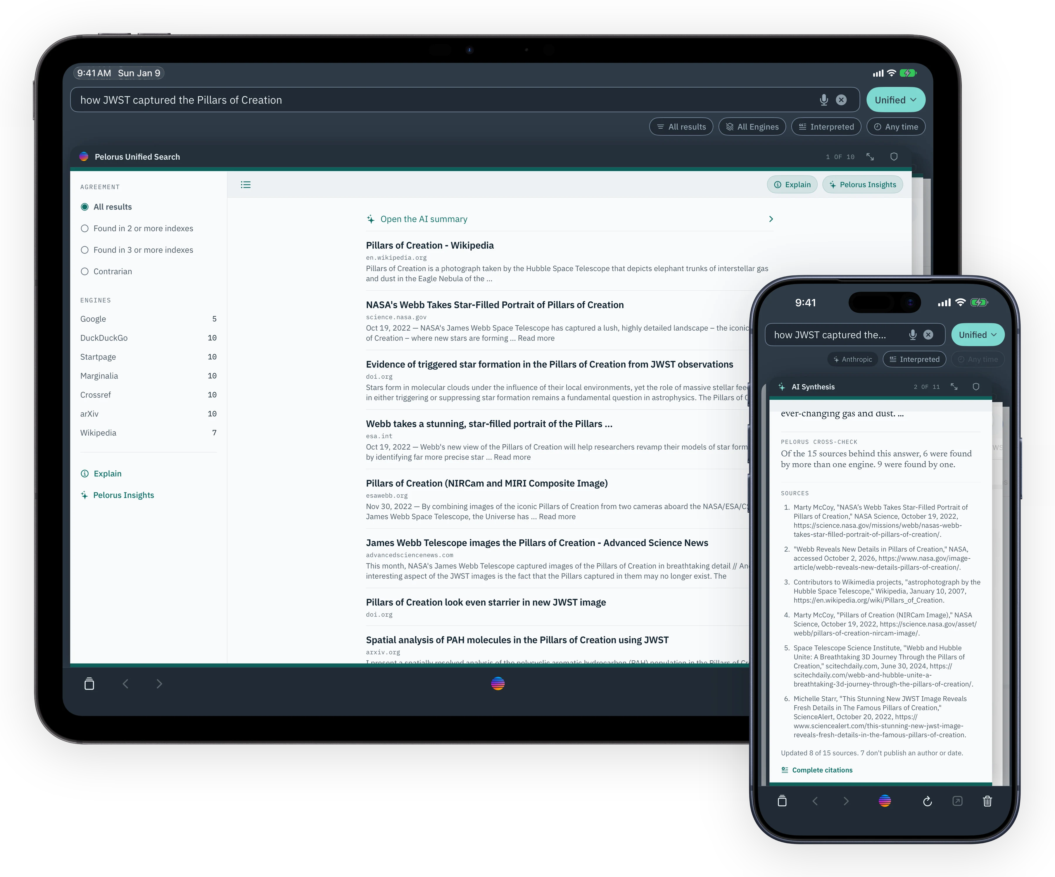 Pelorus on iPad and iPhone at full size. The iPad shows a Unified Search for “how JWST captured the Pillars of Creation”; the iPhone shows the AI Synthesis card with its Pelorus Cross-Check note and cited sources.