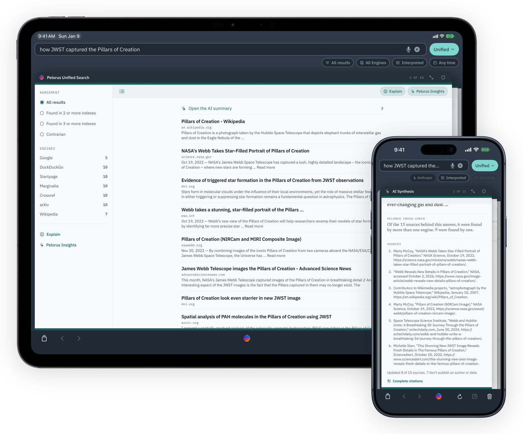 Pelorus on iPad and iPhone. The iPad shows a Unified Search for “how JWST captured the Pillars of Creation”, one list across every engine. The iPhone, in front, shows the AI Synthesis card with its Pelorus Cross-Check note and the sources it cites.