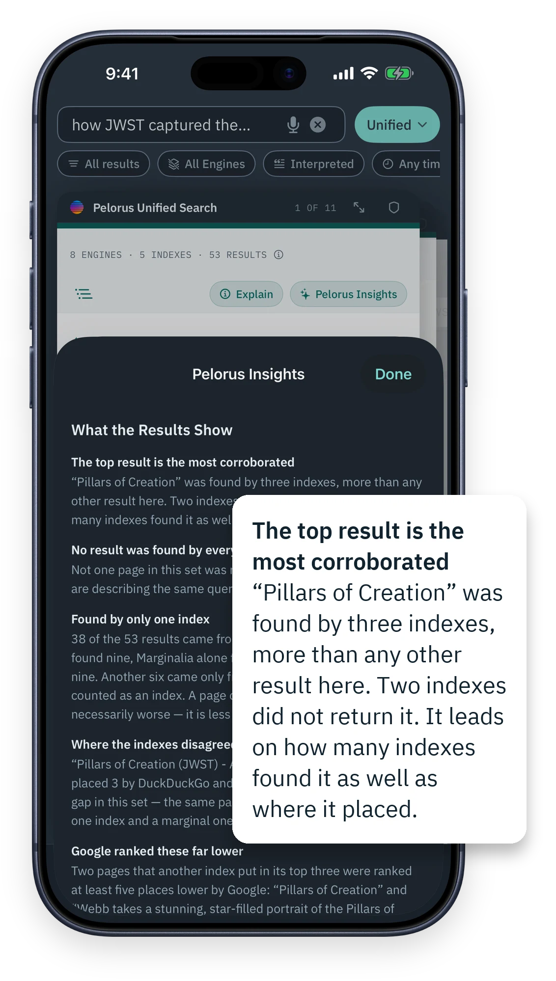 Pelorus on iPhone at full size: the Pelorus Insights sheet with one fact lifted out and enlarged.