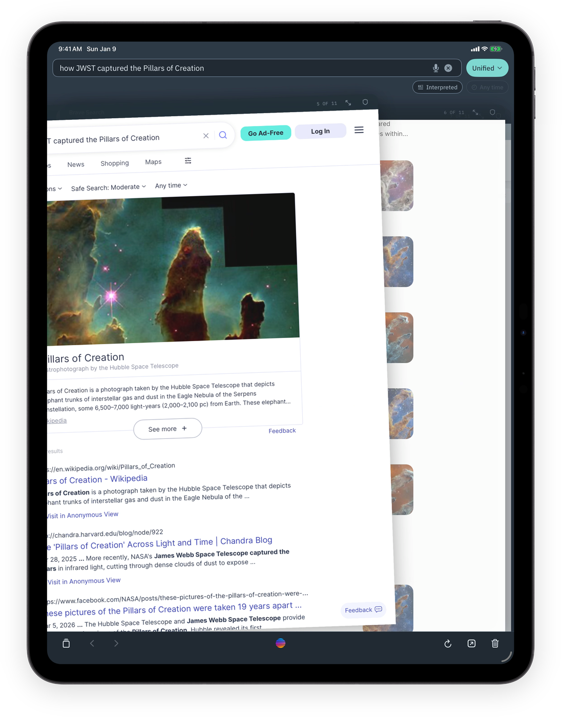 Pelorus on iPad mid-swipe between engine cards: the Startpage card lifts away over the Brave Search results beneath it