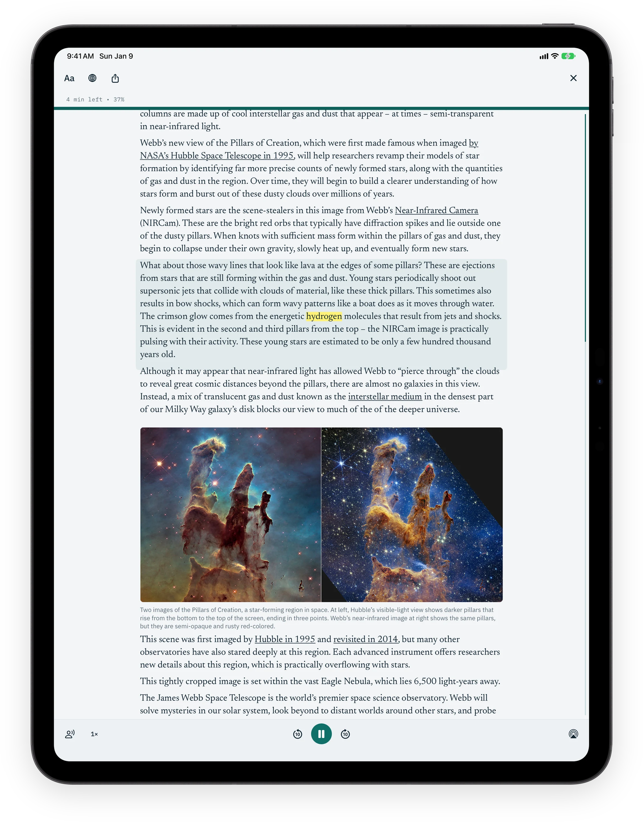 Pelorus Reader on iPad at full size, the NASA article in a wide column with its Webb image inline.