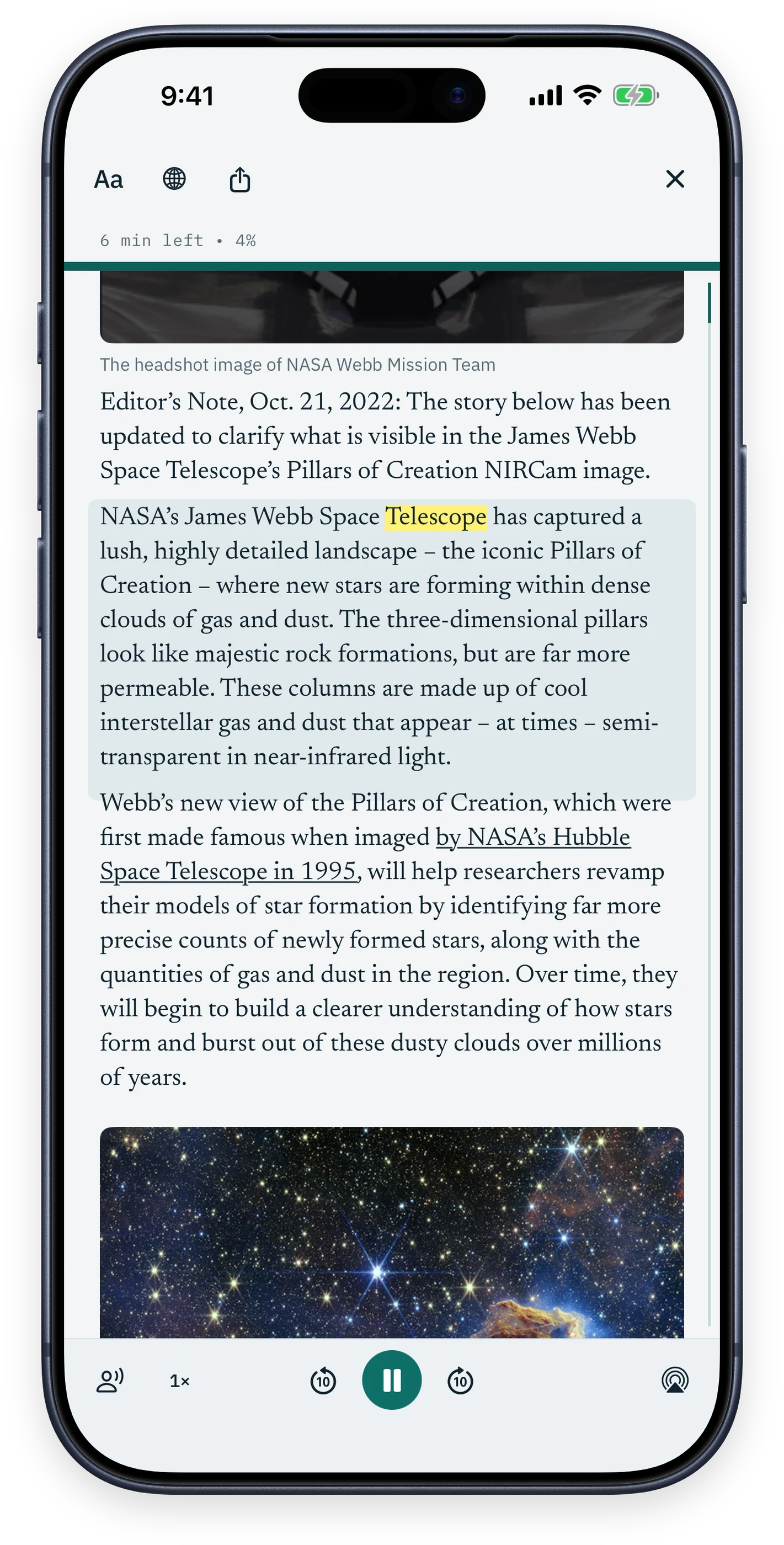 Pelorus Reader on iPhone at full size, reading NASA's Pillars of Creation article aloud with the spoken word highlighted.