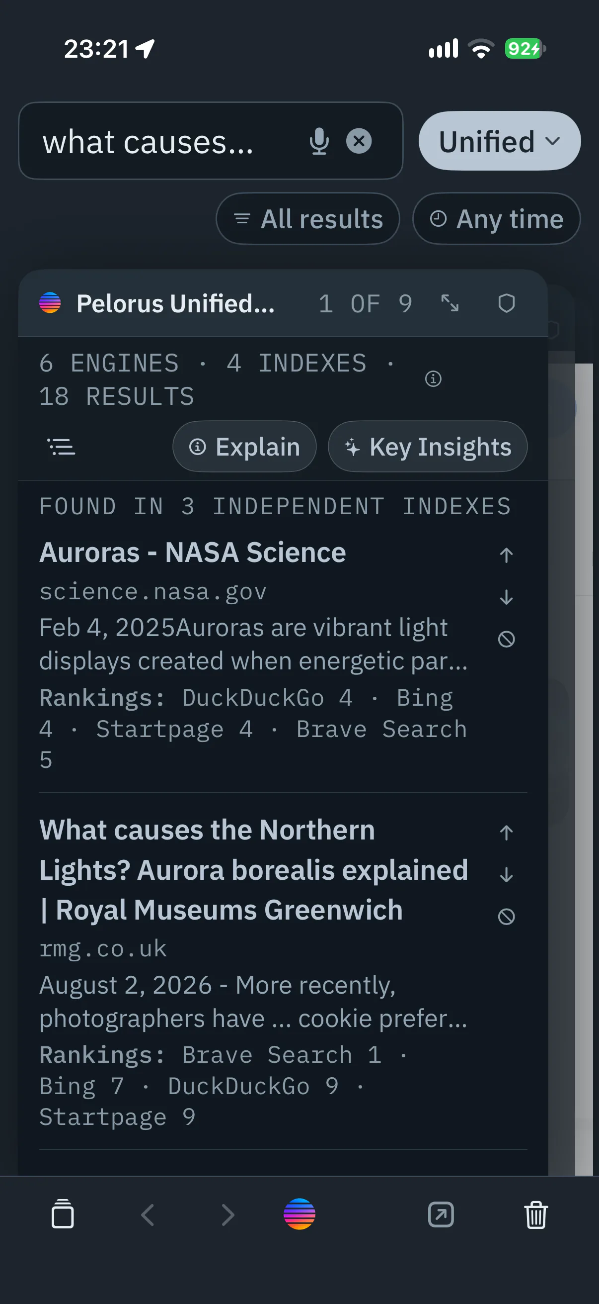 Pelorus on iPhone at full size. A Unified Search for “what causes the northern lights”, with the top result marked as found in three independent indexes.